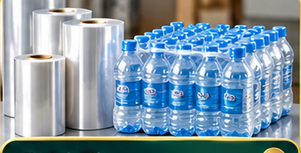 Shrink film packaging machine in an industrial warehouse
